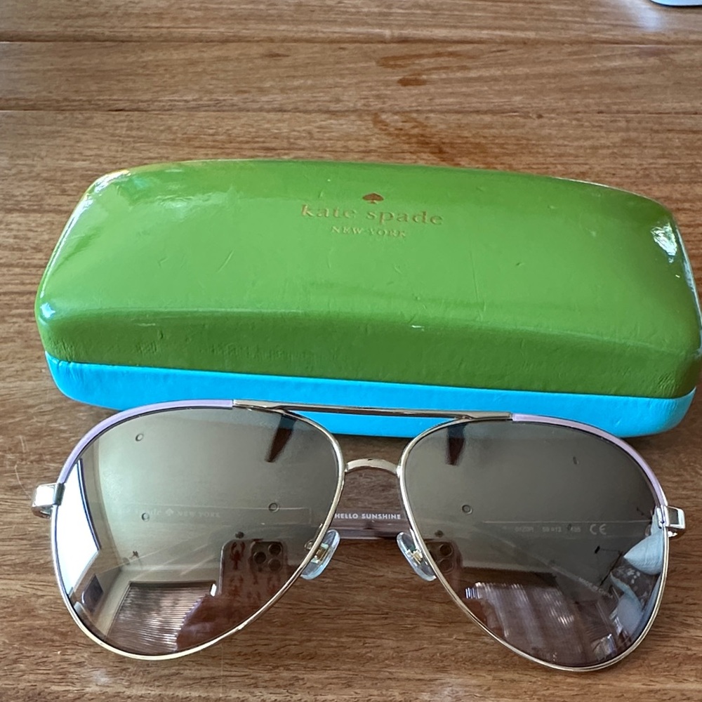 Kate Spade Gold Aviator Sunglasses with Green and Blue Case